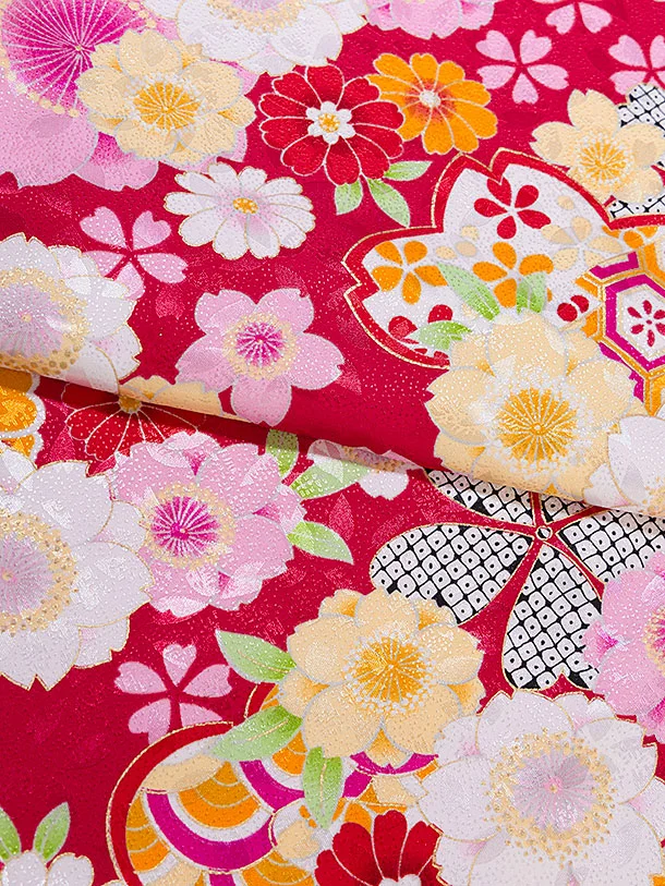 753レンタル(7歳女結び帯) G118 赤地 花