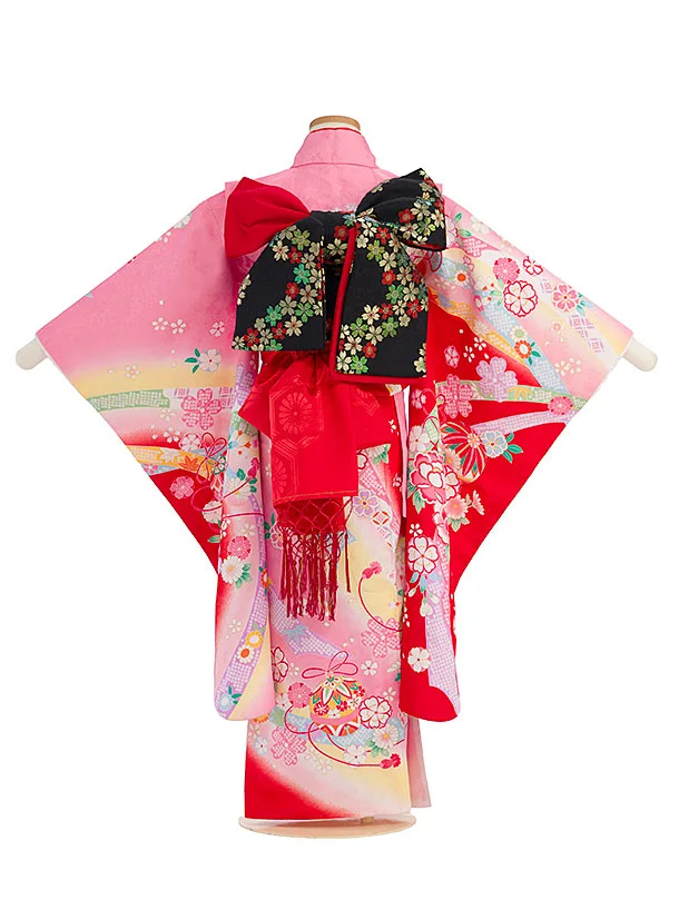 七五三レンタル(7歳女の子結び帯) G121 ﾋﾟﾝｸ花とまり