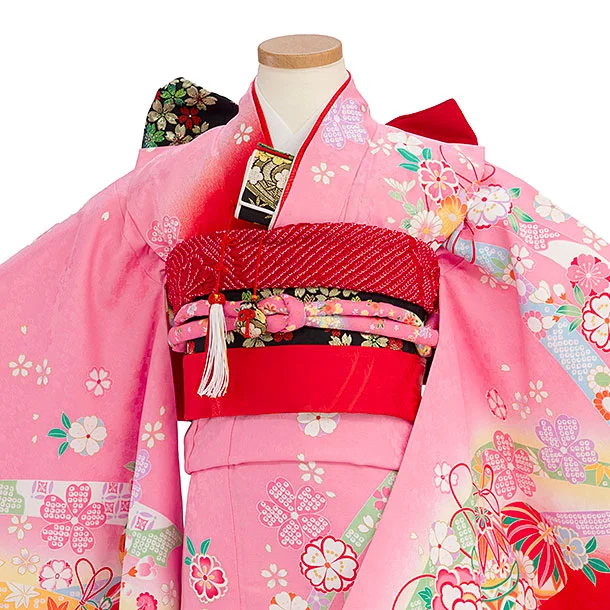 七五三レンタル(7歳女の子結び帯) G121 ﾋﾟﾝｸ花とまり