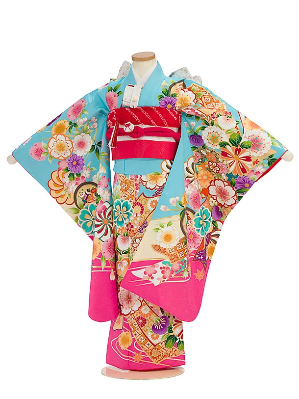 七五三レンタル(7歳女児結び帯) G384 水色×ピンク 花熨斗