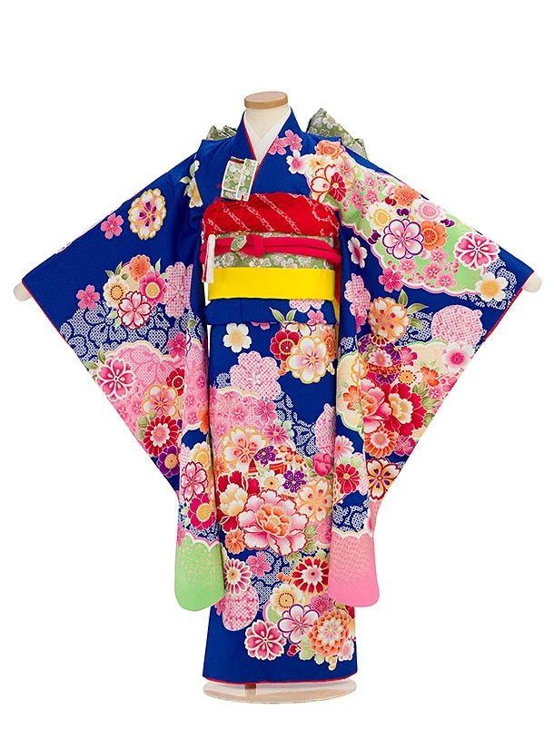 七五三レンタル(7歳女児結び帯) G389 青 花尽くし