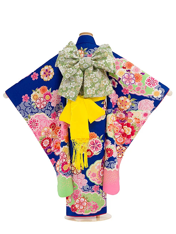 七五三レンタル(7歳女児結び帯) G389 青 花尽くし