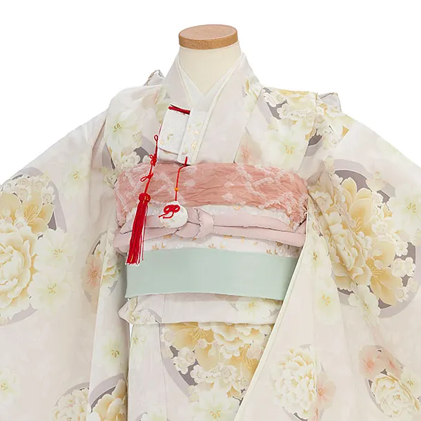七五三レンタル(7歳女児結び帯) G390 グレージュ 丸に牡丹桜