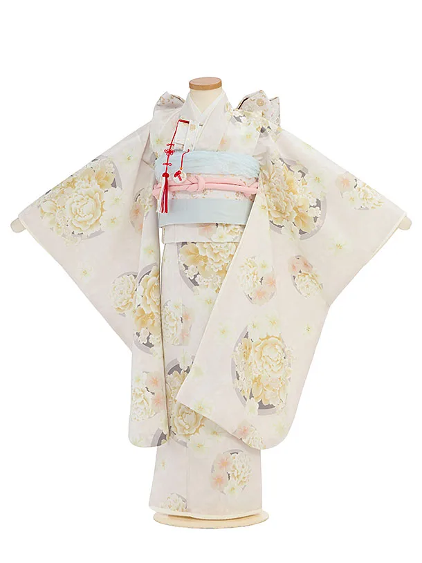 七五三レンタル(7歳女児結び帯) G391 グレージュ 丸に牡丹桜