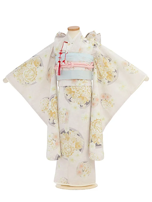 七五三レンタル(7歳女児結び帯) G391 グレージュ 丸に牡丹桜
