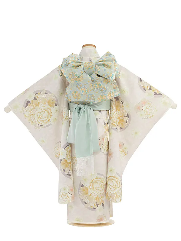 七五三レンタル(7歳女児結び帯) G392 グレージュ 丸に牡丹桜