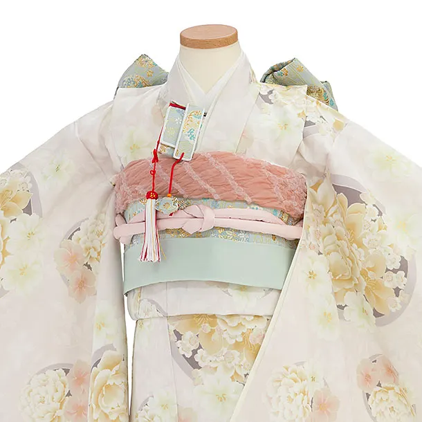 七五三レンタル(7歳女児結び帯) G392 グレージュ 丸に牡丹桜