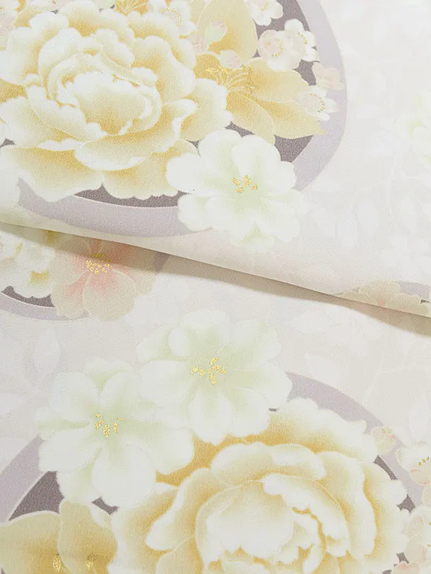 七五三レンタル(7歳女児結び帯) G392 グレージュ 丸に牡丹桜