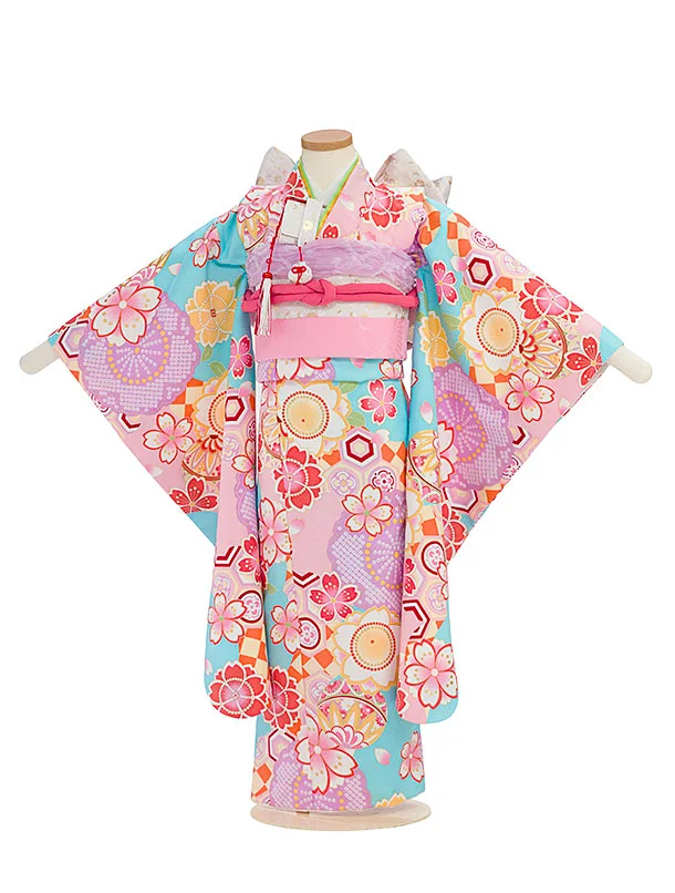 七五三レンタル(6歳7歳女児結び帯) G394 水色 桜まり