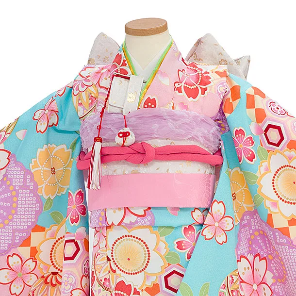 七五三レンタル(6歳7歳女児結び帯) G394 水色 桜まり