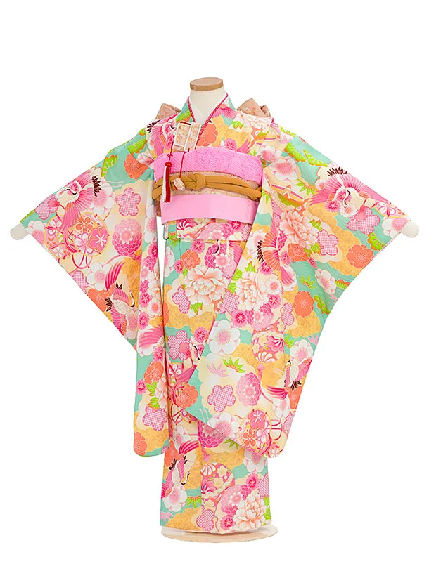 七五三レンタル(7歳女児結び帯) G395 式部浪漫／グリーン 牡丹鶴
