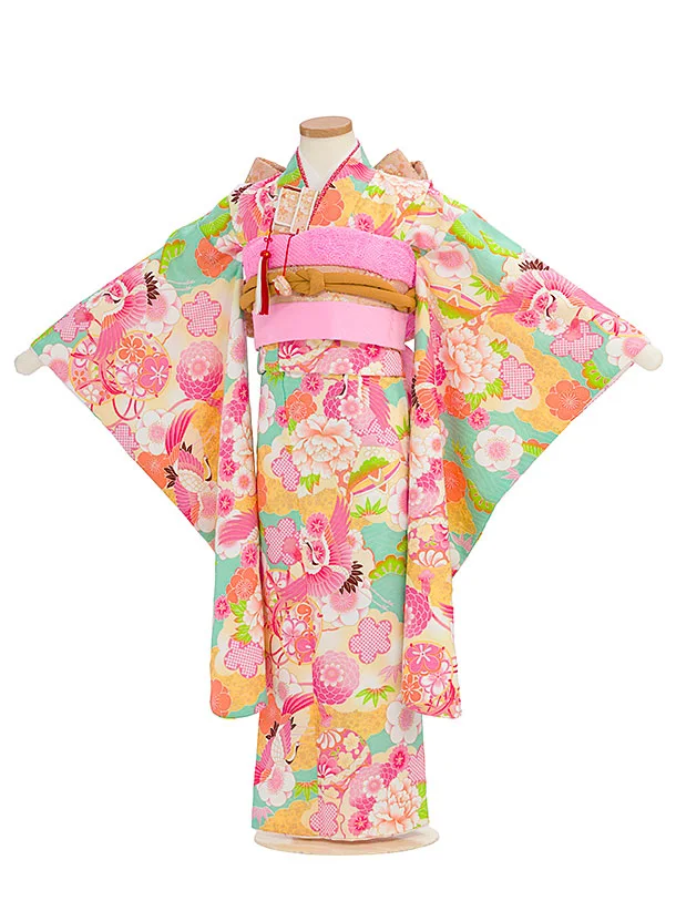 七五三レンタル(7歳女児結び帯) G395 式部浪漫／グリーン 牡丹鶴
