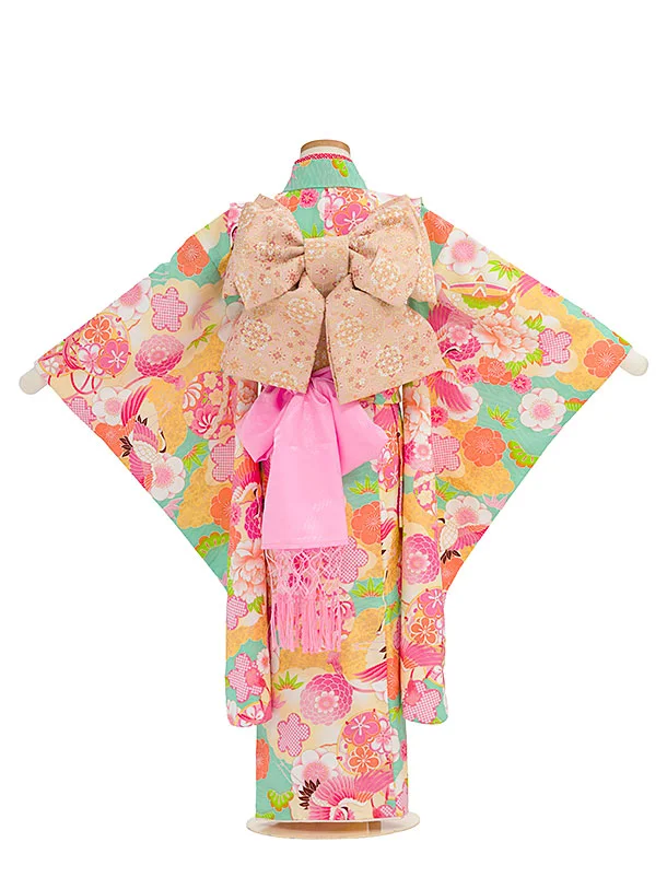 七五三レンタル(7歳女児結び帯) G395 式部浪漫／グリーン 牡丹鶴