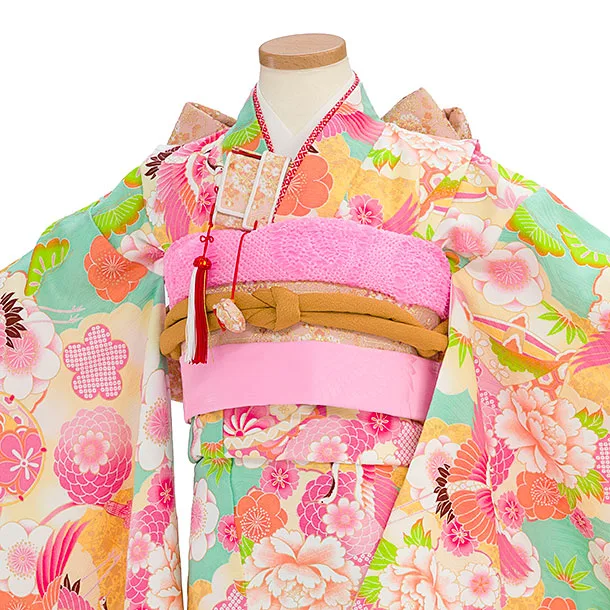 七五三レンタル(7歳女児結び帯) G395 式部浪漫／グリーン 牡丹鶴