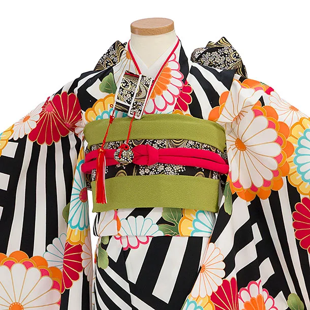 七五三レンタル(7歳女児結び帯) G396 白黒 菊