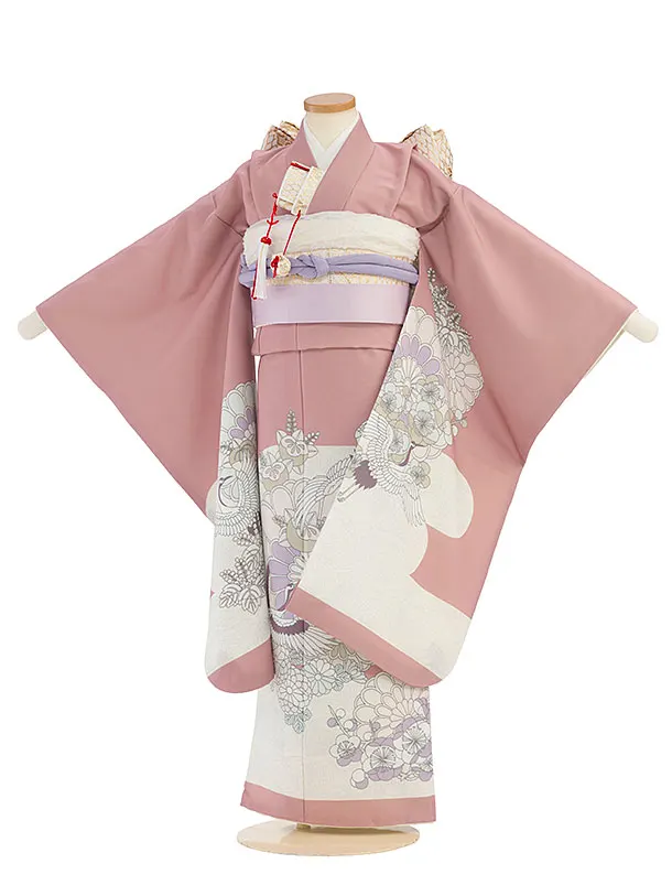 七五三レンタル(7歳女児結び帯) G399 くすみピンク 向かい鶴