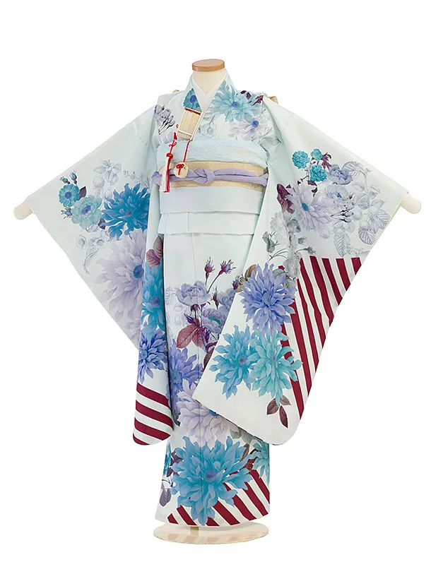 七五三レンタル(7歳女児結び帯) G402 淡水色 花ストライプ