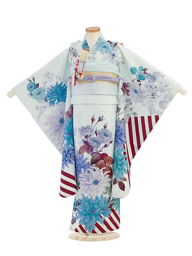 七五三レンタル(7歳女児結び帯) G402 淡水色 花ストライプ