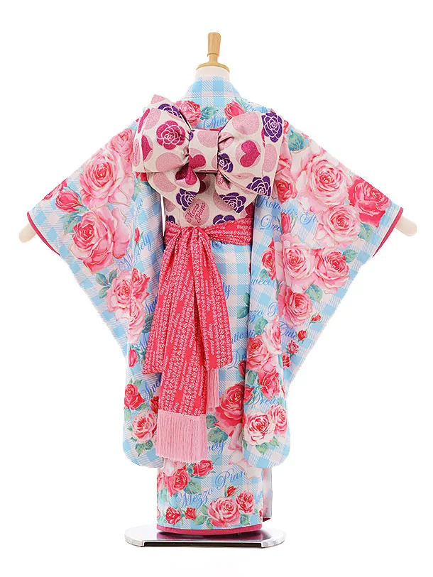 七五三レンタル(7歳女結び帯) K029 ﾒｿﾞﾋﾟｱﾉ 水色ﾁｪｯｸﾊﾞﾗ