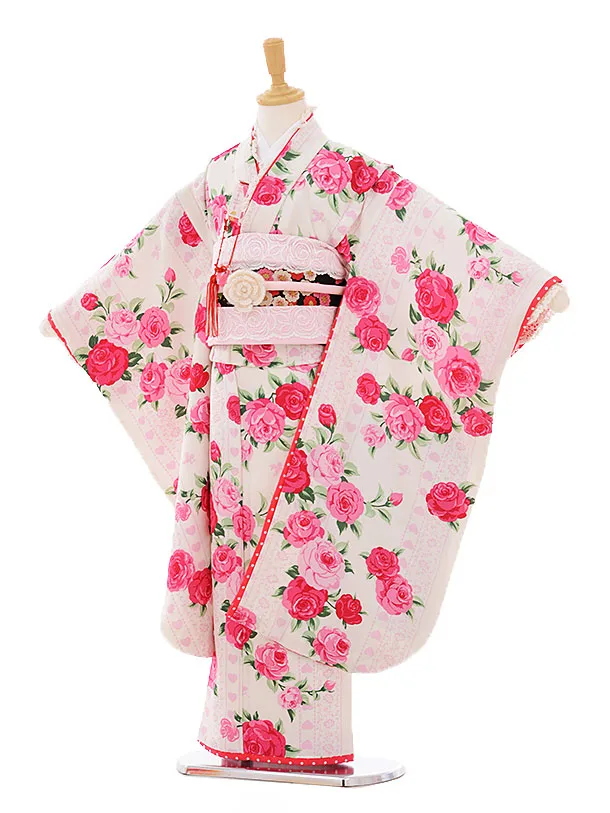 七五三レンタル(7歳女結び帯) K030 白地ﾋﾟﾝｸﾊﾞﾗ