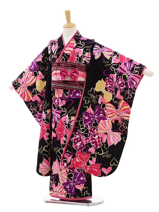 七五三レンタル(7歳女結び帯) K035 ﾒｿﾞﾋﾟｱﾉ 黒地 ﾘﾎﾞﾝ