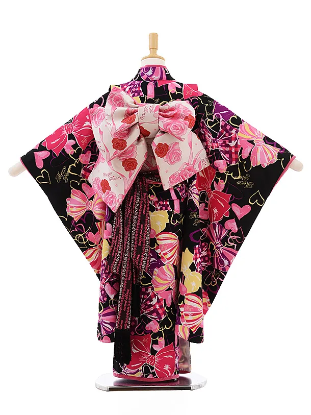 七五三レンタル(7歳女結び帯) K035 ﾒｿﾞﾋﾟｱﾉ 黒地 ﾘﾎﾞﾝ