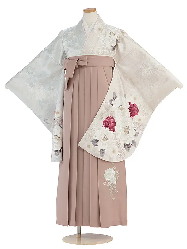 小学生卒業式かんたん袴（女子）A088シルバーベージュ片身替わり／ピンクベージュ