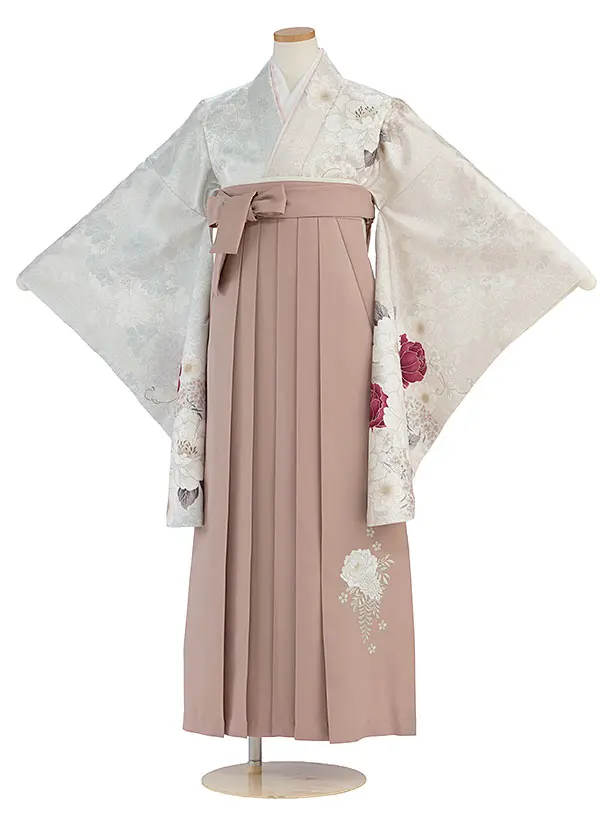 小学生卒業式かんたん袴（女子）A088シルバーベージュ片身替わり／ピンクベージュ