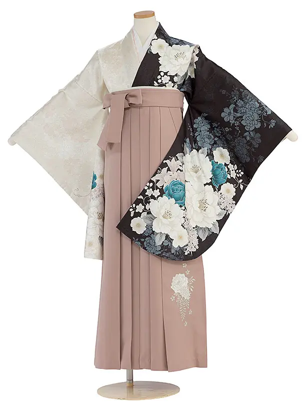 小学生卒業式かんたん袴（女子）A089 黒×ベージュ 片身替わり／ピンクベージュ