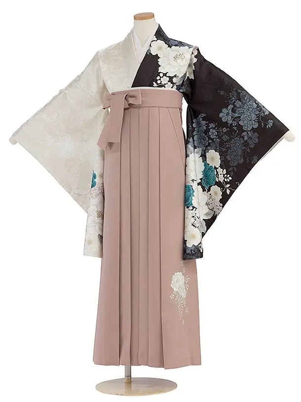 小学生卒業式かんたん袴（女子）A089 黒×ベージュ 片身替わり／ピンクベージュ