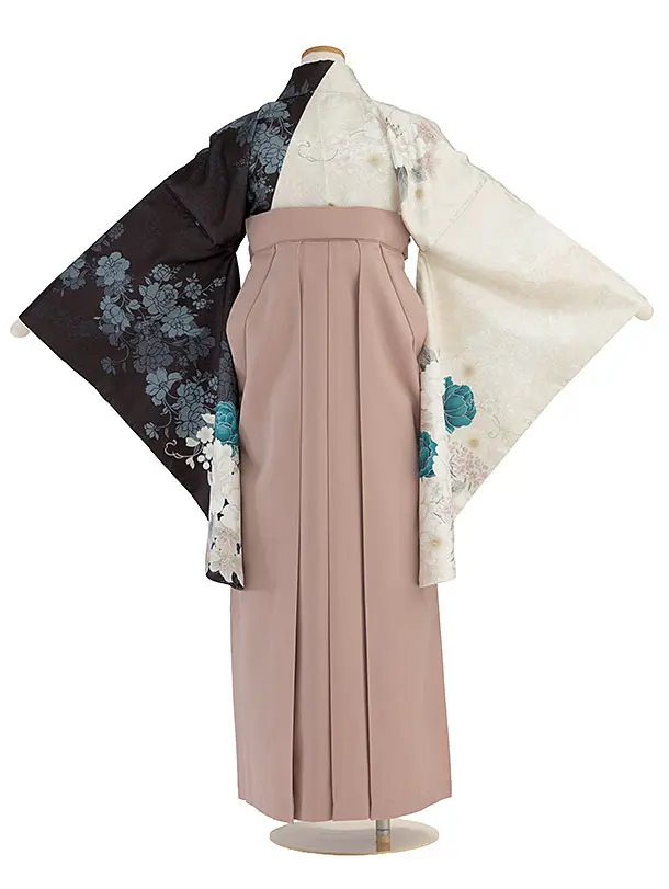 小学生卒業式かんたん袴（女子）A089 黒×ベージュ 片身替わり／ピンクベージュ