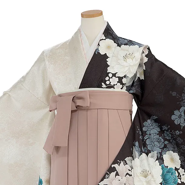 小学生卒業式かんたん袴（女子）A089 黒×ベージュ 片身替わり／ピンクベージュ