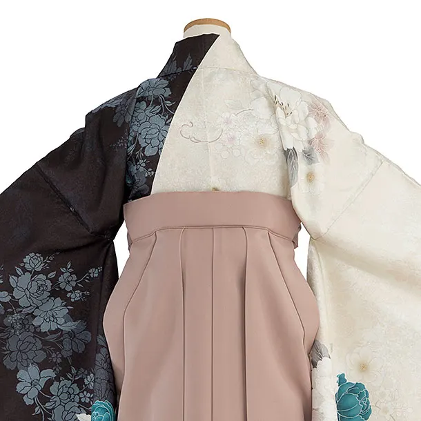 小学生卒業式かんたん袴（女子）A089 黒×ベージュ 片身替わり／ピンクベージュ