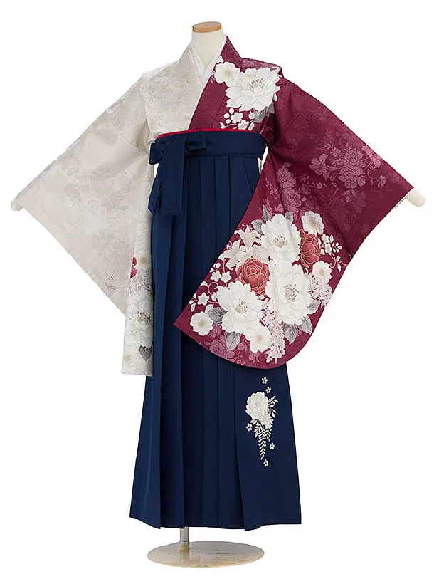 小学生卒業式かんたん袴（女の子）A091 ベージュ×ワイン 片身替わり／紺袴
