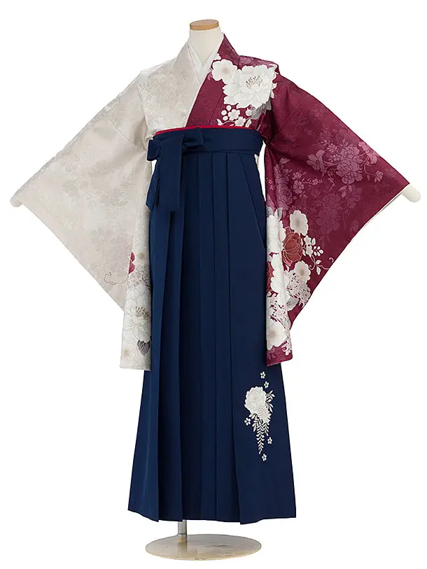 小学生卒業式かんたん袴（女の子）A091 ベージュ×ワイン 片身替わり／紺袴
