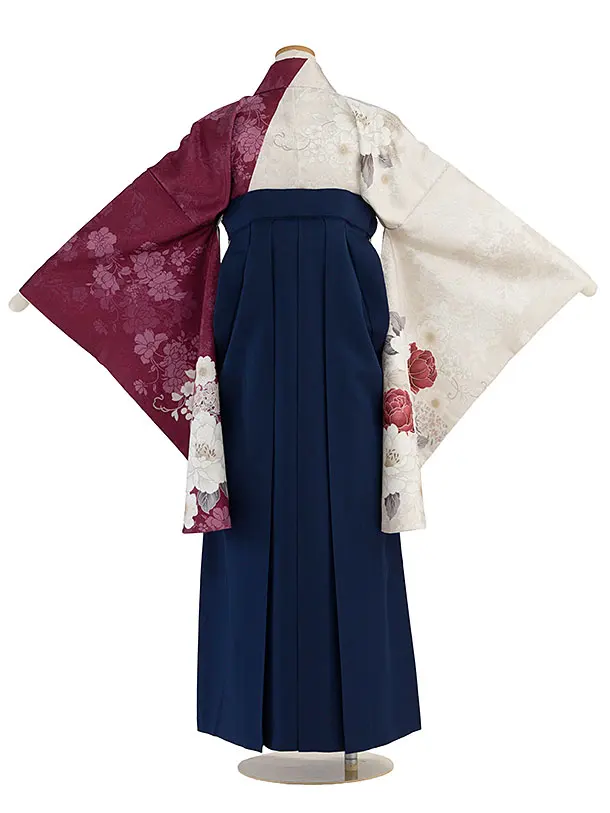 小学生卒業式かんたん袴（女の子）A091 ベージュ×ワイン 片身替わり／紺袴