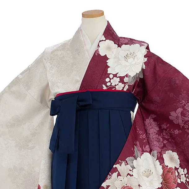 小学生卒業式かんたん袴（女の子）A091 ベージュ×ワイン 片身替わり／紺袴