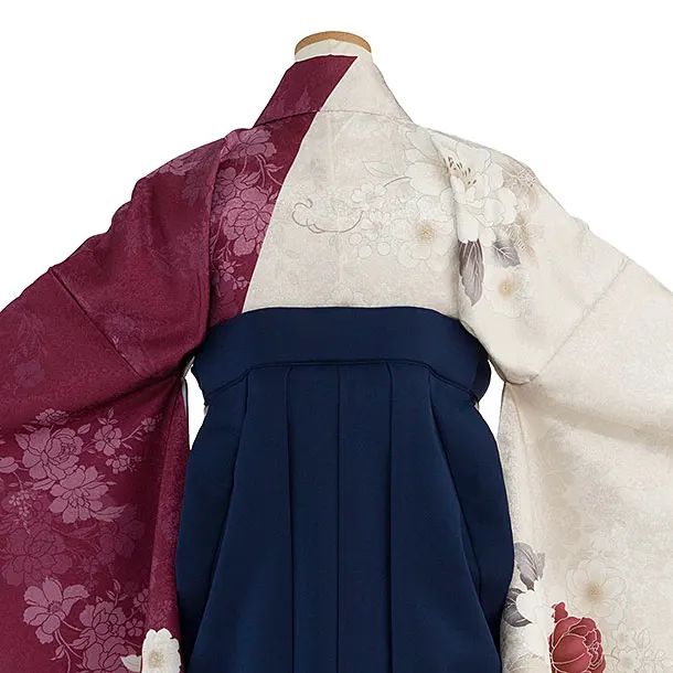 小学生卒業式かんたん袴（女の子）A091 ベージュ×ワイン 片身替わり／紺袴