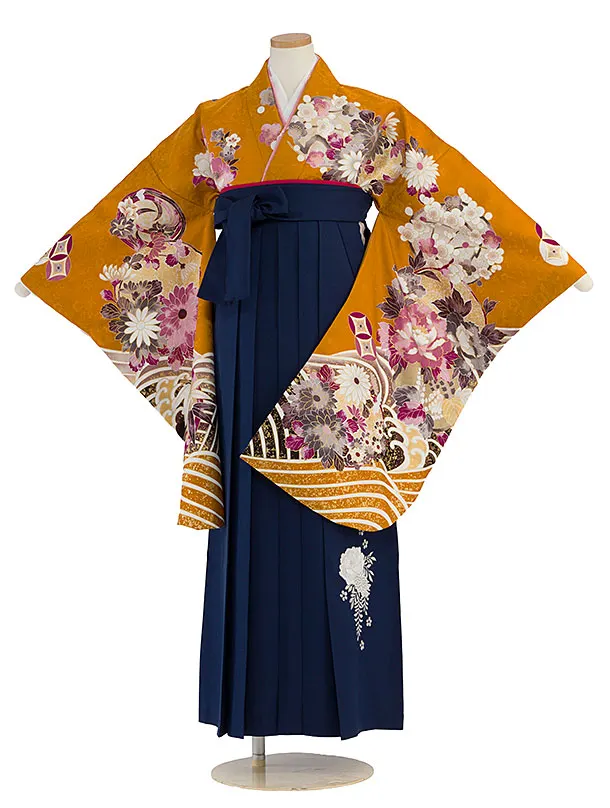 小学生卒業式かんたん袴（女の子）A092 マンダリンオレンジ 華波／紺袴