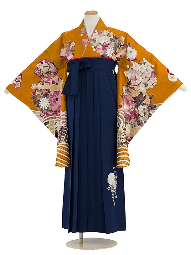小学生卒業式かんたん袴（女の子）A092 マンダリンオレンジ 華波／紺袴