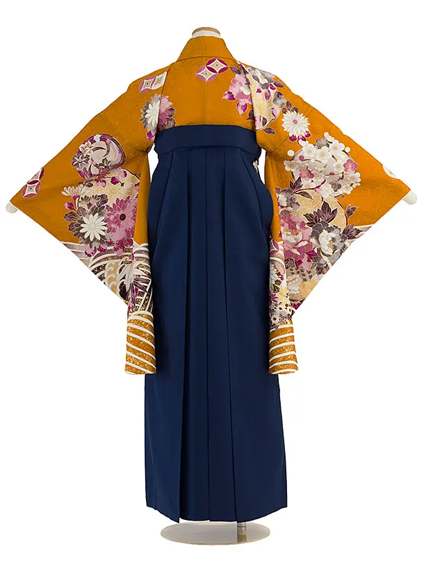 小学生卒業式かんたん袴（女の子）A092 マンダリンオレンジ 華波／紺袴