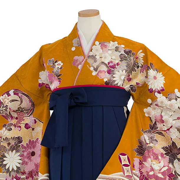 小学生卒業式かんたん袴（女の子）A092 マンダリンオレンジ 華波／紺袴