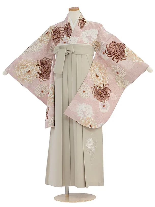 小学生卒業式かんたん袴（女の子）A093 くすみピンク 菊／ベージュ袴