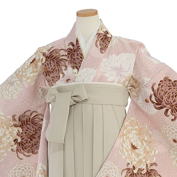 小学生卒業式かんたん袴（女の子）A093 くすみピンク 菊／ベージュ袴