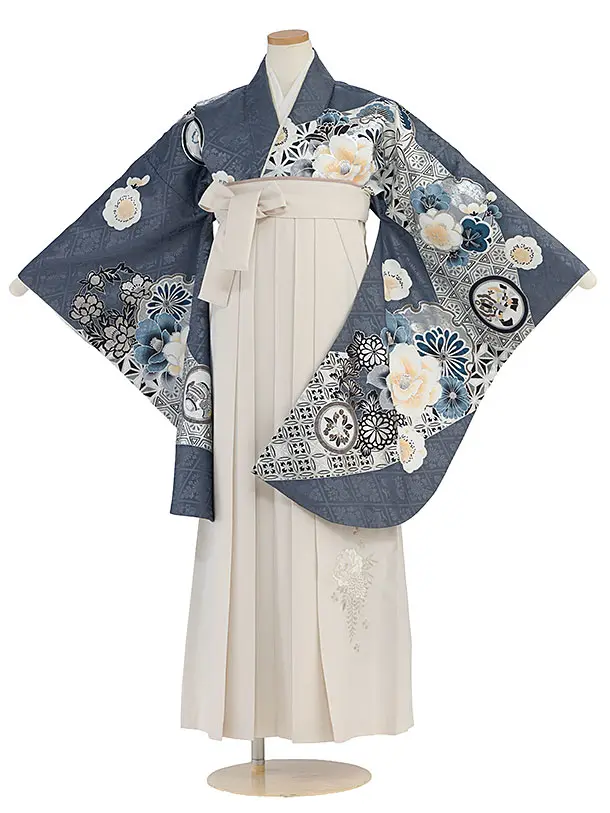 小学生卒業式かんたん袴（女の子）A094 ブルーグレー 華雪輪／オフホワイト袴