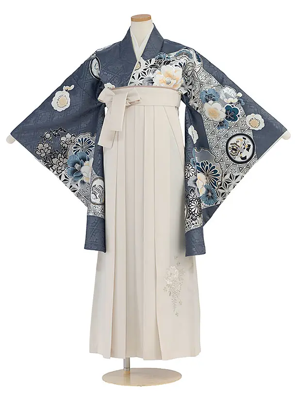 小学生卒業式かんたん袴（女の子）A094 ブルーグレー 華雪輪／オフホワイト袴