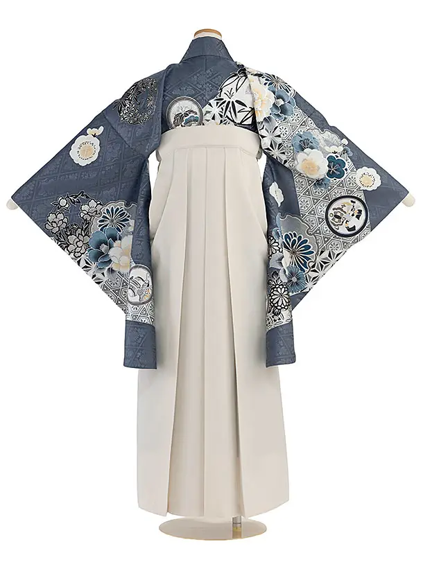 小学生卒業式かんたん袴（女の子）A094 ブルーグレー 華雪輪／オフホワイト袴