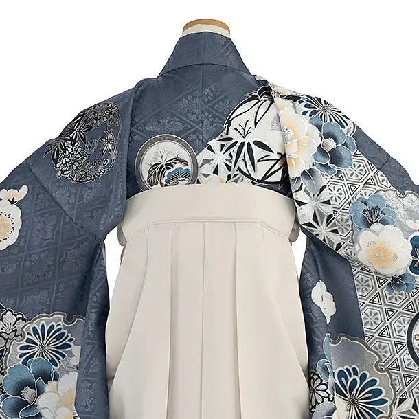 小学生卒業式かんたん袴（女の子）A094 ブルーグレー 華雪輪／オフホワイト袴