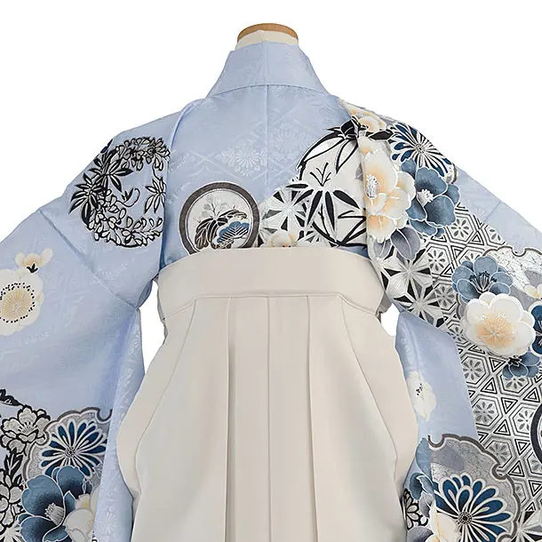 小学生卒業式かんたん袴（女の子）A095 水色 華雪輪／オフホワイト袴