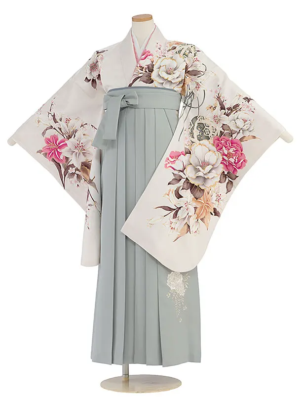 小学生卒業式かんたん袴（女の子）A097 オフホワイト 牡丹ゆり／グレー袴